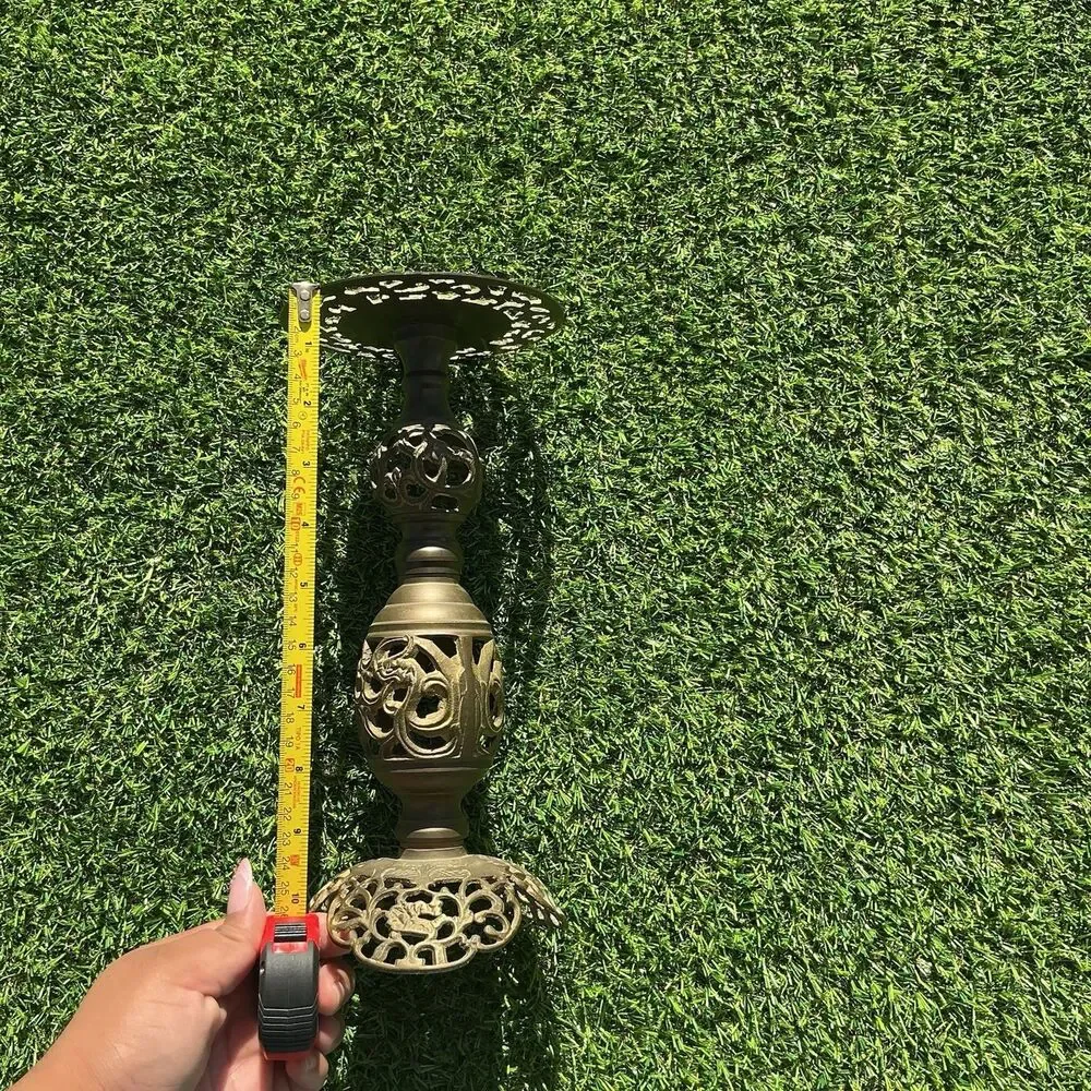 Vintage Ornate Brass Candlestick Holder Pierced Filigree Scrollwork 10”